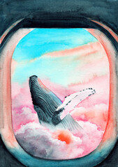 Watercolor illustration of a big blue whale in pink dawn clouds in an airplane window