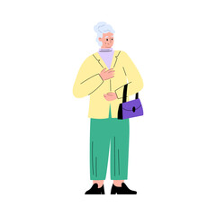 Happy old woman with bag or purse, flat vector illustration isolated on white background.