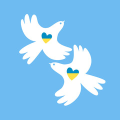 Doves of peace with Ukrainian flag hearts. Stop the war in Ukraine. A symbol of peace. Flat design. Vector illustration. Isolated on blue background.