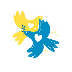 Doves of peace with Ukrainian flag hearts. Stop the war in Ukraine. A symbol of peace. Flat design. Vector illustration. Isolated on a white background.