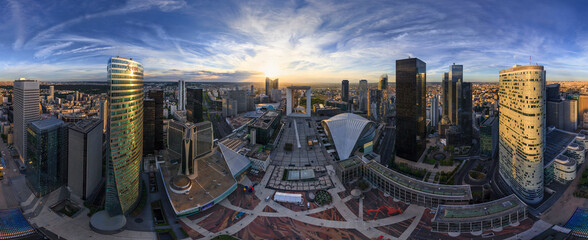 Panoramic aerial view of La Defense, Paris financial district, France.