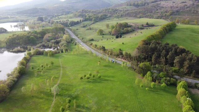 Aerial footage of the green fields of the basque country