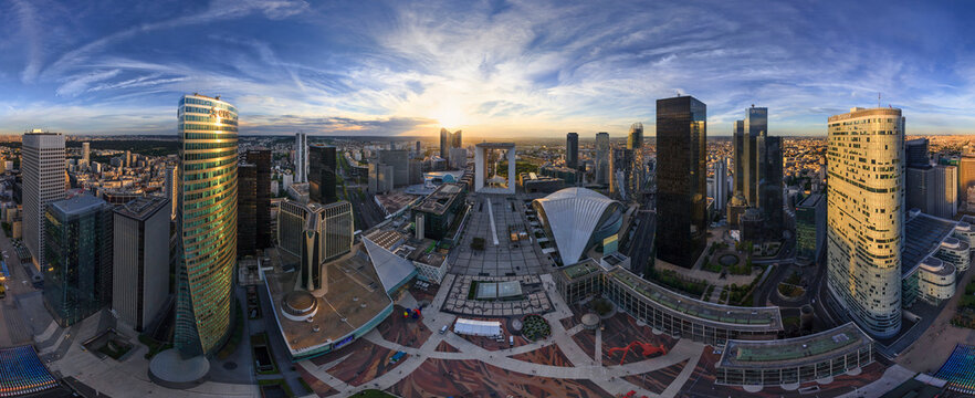 Panoramic aerial view of La Defense, Paris financial district, France.