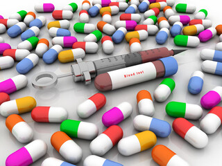 3d rendering Test tubes with blood for medical and biological analyzes with Syringe and pill
