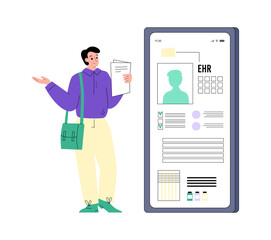 Confused man looking at paper medical records, phone with electronic health information.