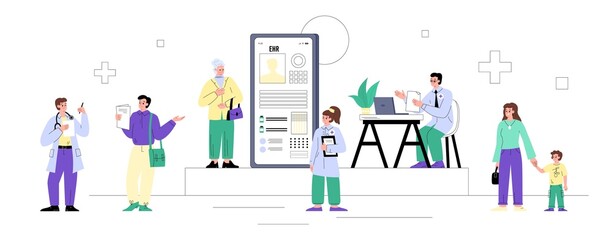 Doctors and patients with concept of electronic health records, flat vector illustration on white background.