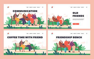 Old Ladies Communication Landing Page Template. Senior Female Characters Sitting on Bench in Park or House Yard Chatting