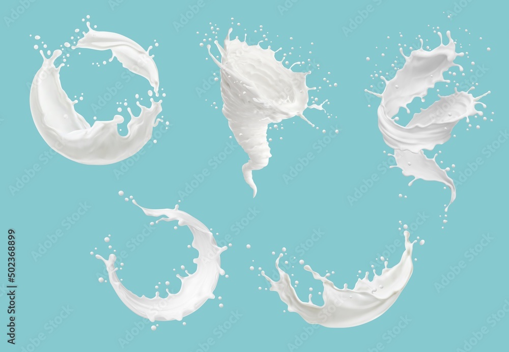 Wall mural realistic milk tornado, whirlwind and swirl splashes with splatters. vector hurricane, wave or spira