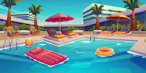 Fototapeta Luxury resort hotel and swimming pool. Vector cartoon illustration of tropical landscape with building, palm trees, lounge chairs, umbrellas on poolside, inflatable ring, raft and ball in water obraz