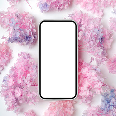 Fototapeta na wymiar Smartphone mockup with pink flowers. Device screen mock up on stylish background for presentation or appl design