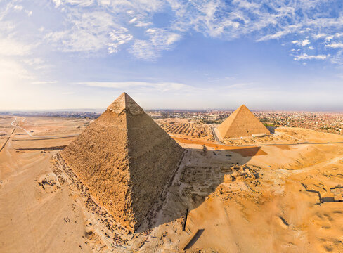 Aerial view of The Great Pyramid of Giza, Largest of Egyptian pyramids in a complex, Egypt.