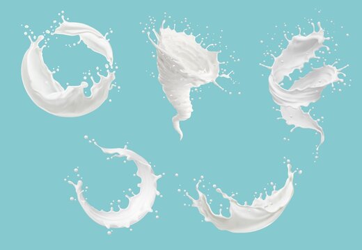 Realistic milk tornado, whirlwind and swirl splashes with splatters. Vector hurricane, wave or spiral with drops, liquid milky or creamy flow streams. Dairy fresh product 3d isolated elements set