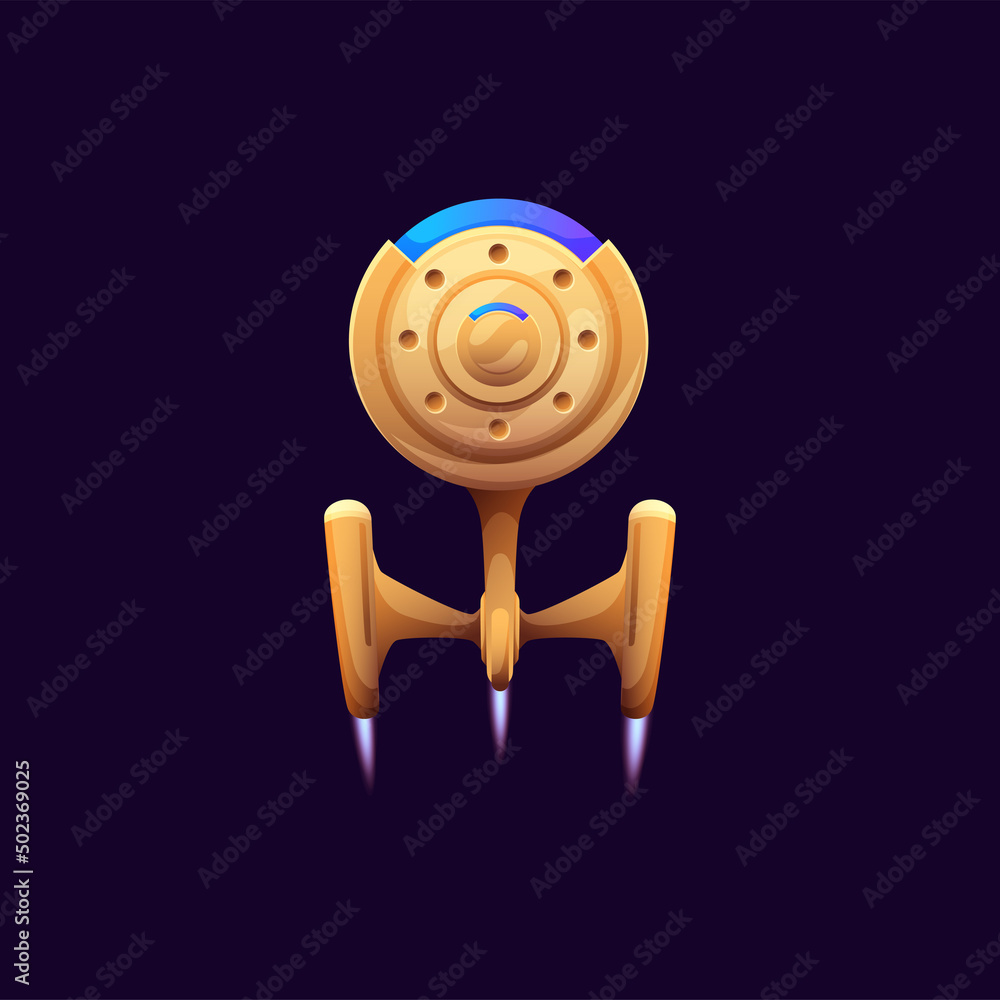Poster launch of space spaceship, cartoon galaxy starship flaming craft boost isolated futuristic ship. vec