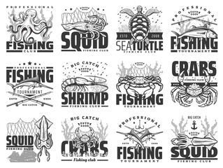 Sea fishing vector icons for professional fishing club, catch tournament and fishery store. Fisher equipment for crab, ocean octopus, turtle and squid, shrimp or prawn, isolated monochrome emblems set
