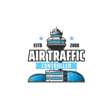 Air Traffic Control Icon With Vector Tower And Airport Terminal Building. Airplane Or Plane Aircraft Location In Airspace, Flight Observations And Aviation Communication Services Isolated Symbol