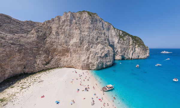 Panoramic aerial view of tourist on the beach on Zakinthos island, Greece.