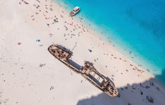 Panoramic aerial view of a shipwreck on the beach in Zakinthos island, Greece.