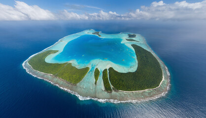 Panoramic aerial view of Marlon Brando Tetiaroa atoll, French Polynesia.