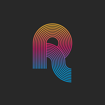 Letter R logo monogram creative linear design, trendy rainbow gradient rounded parallel lines.