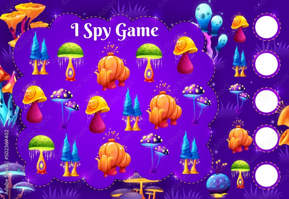 Poster I spy game worksheet with vector magic jelly mushrooms. Kids I spy logical riddle or cartoon quiz with fantasy, fairytale mushrooms. Children educational worksheet with searching and counting task