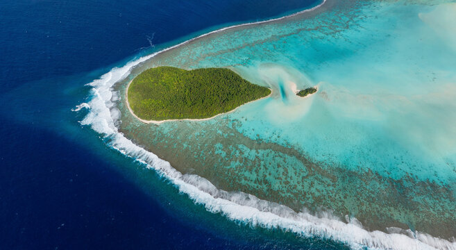 Panoramic aerial view of Marlon Brando Tetiaroa atoll, French Polynesia.