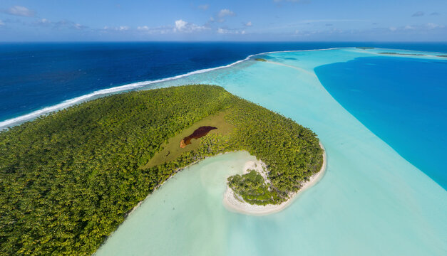 Panoramic aerial view of Marlon Brando Tetiaroa atoll, French Polynesia.