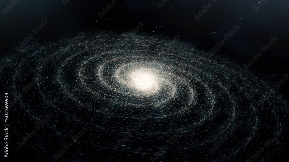 Poster abstract animation of spiral galaxy rotation in space with billion of stars on the black background.
