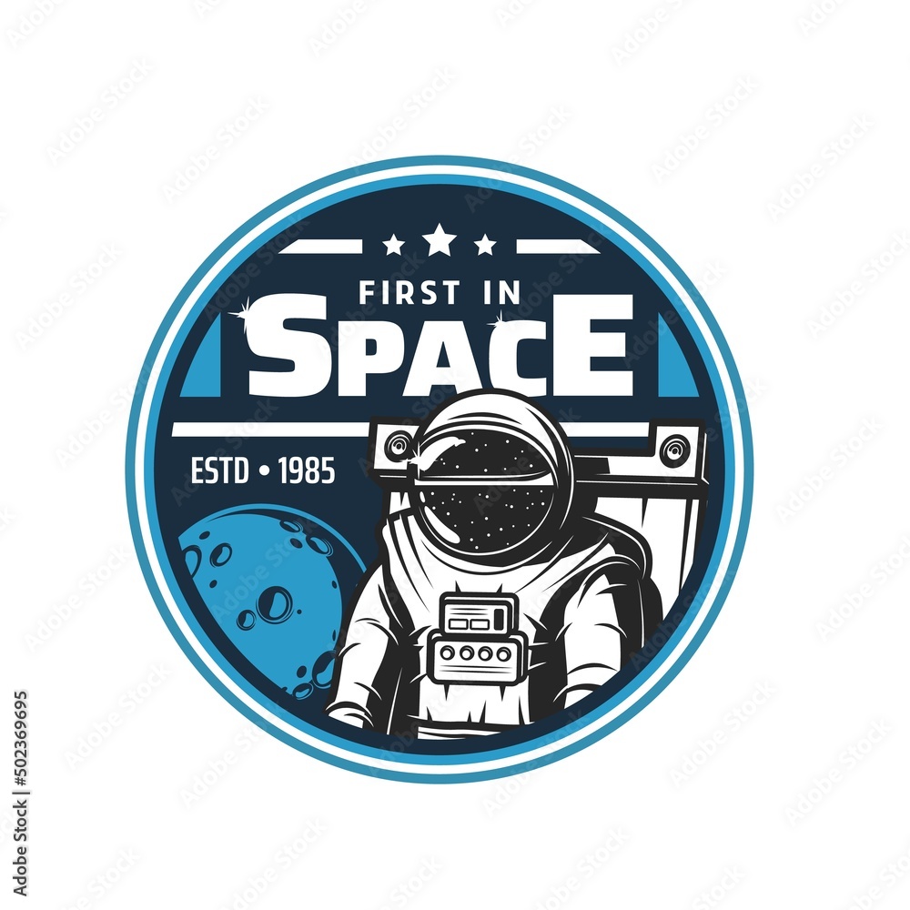 Poster astronaut in space vector icon. planets and stars of galaxy universe, moon and spaceman with spacesu