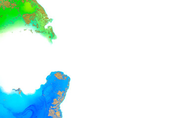 Alcohol-based ink on paper in blue and green colors on white background.