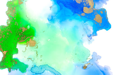 Alcohol-based ink on paper in blue and green colors.