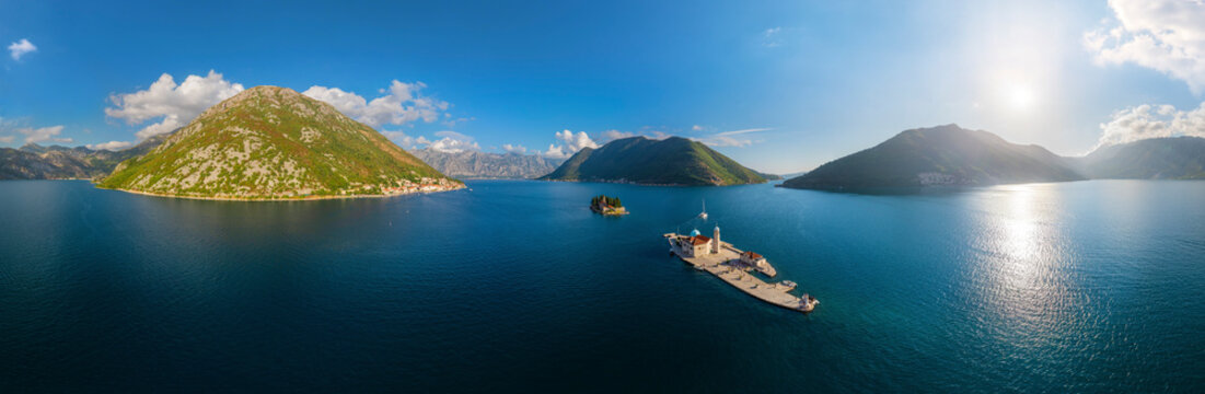 Panoramic aerial view of Gospa od Skrpjela island in Kotor Bay, Montenegro.