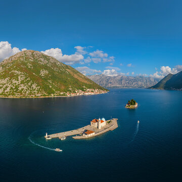 Panoramic aerial view of Gospa od Skrpjela island in Kotor Bay, Montenegro.