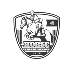 Equestrian sport club icon, horse racing tournament or jockey polo vector emblem. Equine steeplechase races championship on hippodrome, jockey riding on mustang stallion