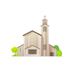 Catholic church or temple building icon, Christian religion cathedral, vector architecture. Catholic, evangelic or protestant church chapel, religious shrine of God and Jesus with cross on campanile - obrazy, fototapety, plakaty