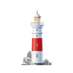 Ancient lighthouse building icon. Coastal lighthouse lantern tower, vector navigational lighthouse. Maritime travel, tourism beacon building on ocean shore with sharp rocks and stones