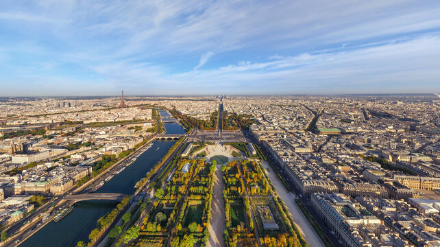 Panoramic aerial view of Tuileries Garden, Paris, France.