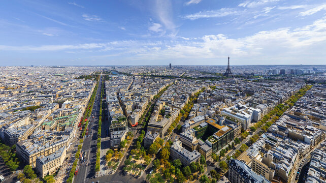 Panoramic aerial view of Paris downtown along the Seine river, Paris, France.