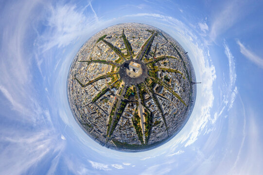 Panoramic 360 degrees aerial view of Arch of Triumph, Paris Champs Elys&eacute;es, France.
