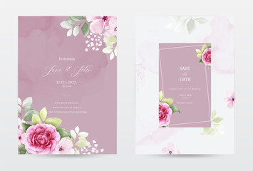Fototapeta na wymiar Rose watercolor invitation pink template cards set