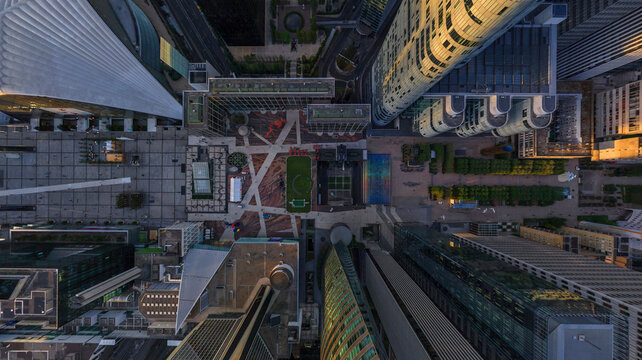 Panoramic aerial view of La Defense, Paris financial district, France.