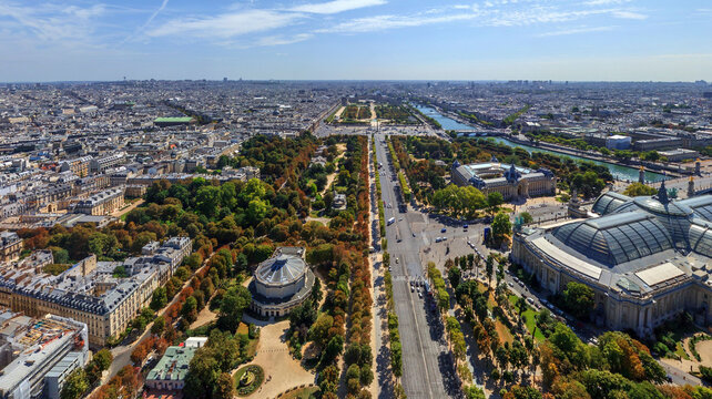 Panoramic aerial view of Rond Point des Champs Elysees, Paris, France.