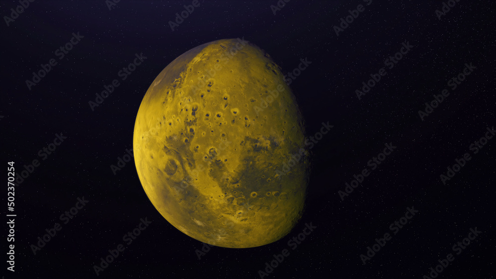 Poster colorful abstraction of unknown yellow planet rotating on black background in space. day and night o