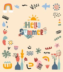 Abstract hand-drawn shapes and letters - motivation card hello Summer!