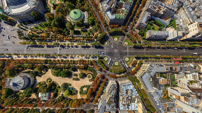 Panoramic aerial view of a roundabout at Champs Elysees, Paris, France.