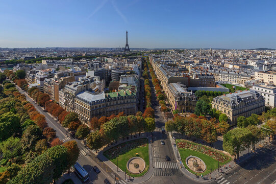 Panoramic aerial view of the Eiffel Tower in Paris downtown, Paris, France.