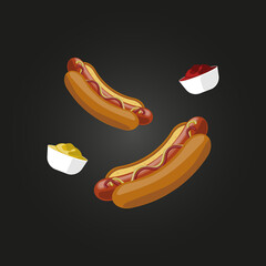 Hot dog with mustard and ketchup vector illustration on black background