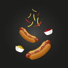 Hot dog with mustard and ketchup vector illustration on black background