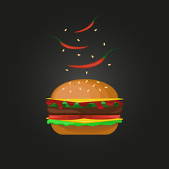 Hamburger with ketchup and peper on black background