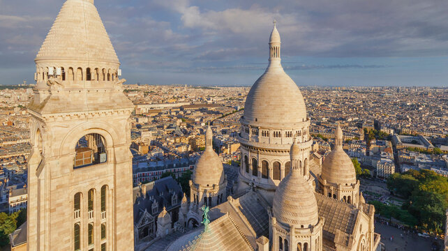Panoramic aerial view of Sacred Heart basilica in Montmartre, Paris, France.