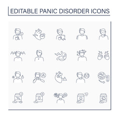 Fototapeta na wymiar Panic disorder line icons set. Recurrent unexpected panic attacks. Mental health care. Anxiety disorder concept. Isolated vector illustration. Editable stroke